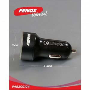 Зарядное устройство в прикуриватель Fenox, 12/24В, 2хUSB (5В/2.4А, 6.5В/3А), с функцией быстрой зарядки Quick Charge 3.0, арт. FAE200104