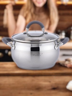 Кастрюля из нержавеющей стали 4.9 л, D 22 см, стеклянная крышка, силиконовые ручки, (подходит для индукции)