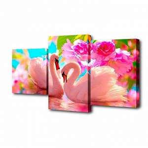 Картина модульная на подрамнике "Пара лебедей,розовые цветы" 26х50; 26х40; 26х32, 50х80см