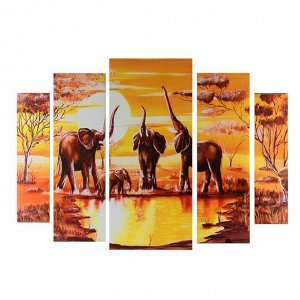 Модульная картина на подрамнике "Слоны на водопое"