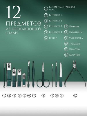 Набор маникюрный, 12 предметов, в футляре, цвет изумрудный