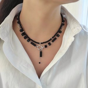 Чокер + колье из черного агата и оникса в белом металле