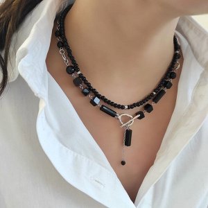 Чокер + колье из черного агата и оникса в белом металле