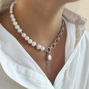 Чокер с крупной цепью и жемчугом в фурнитуре из стали