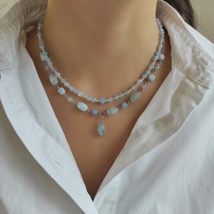 Сет из аквамарина: чокер + колье + цепочка