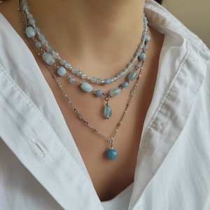 Сет из аквамарина: чокер + колье + цепочка