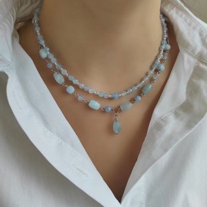 Сет из аквамарина: чокер + колье + цепочка