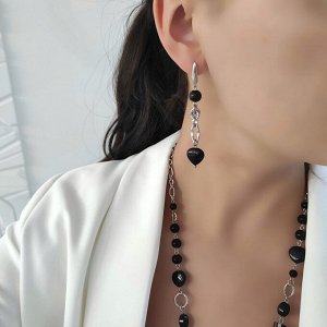 Серьги с чёрным агатом ромб в фурнитуре белый металл