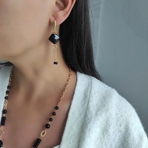 Серьги с чёрным агатом ромб в позолоченной фурнитуре