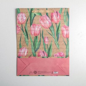 Пакет подарочный крафтовый вертикальный, упаковка, «Тюльпаны», L 31 х 40 х 11.5 см