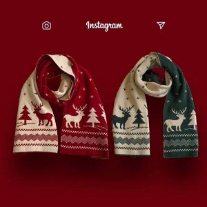 Вязаный шарф двухсторонний в новогоднем стиле с рисунком, размер 150x20 см