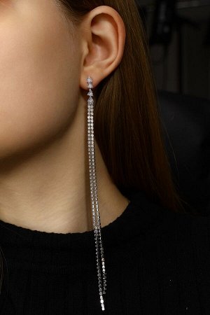 Серьги висячие со стразами «Капель» две нити, белые в серебре, 15.8 см
