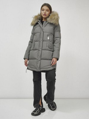 Куртка женская зимняя с мехом енот премиум класса серого цвета 386Sr