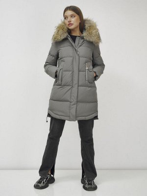 Куртка женская зимняя с мехом енот премиум класса серого цвета 386Sr