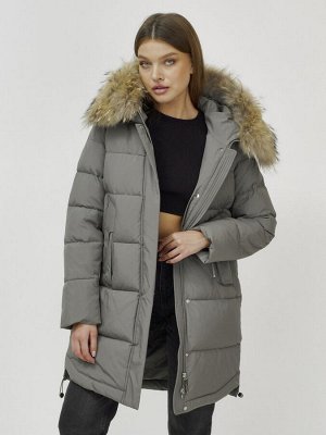 Куртка женская зимняя с мехом енот премиум класса серого цвета 386Sr