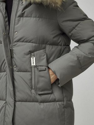 Куртка женская зимняя с мехом енот премиум класса серого цвета 386Sr