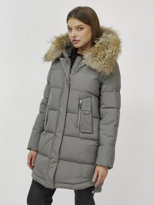 Куртка женская зимняя с мехом енот премиум класса серого цвета 386Sr