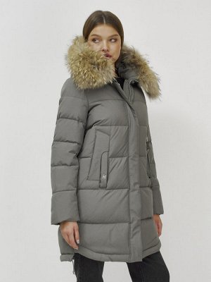 Куртка женская зимняя с мехом енот премиум класса серого цвета 386Sr