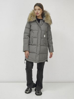 Куртка женская зимняя с мехом енот премиум класса серого цвета 386Sr