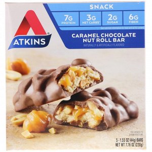 Atkins, Карамельно-шоколадный палочки с орехами, 5 батончиков, 1,55 унц. (44 г) каждый