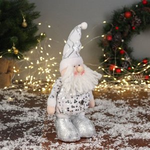 Игрушка мягкая «Дед Мороз в блестящем колпаке» 36x19 см, серебристо-белый