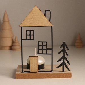 Подсвечник на 1 свечу «Ёлочка у домика», d=4 см, металл, дерево, 7.5x12x15.5 см