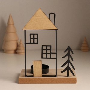 Подсвечник на 1 свечу «Ёлочка у домика», d=4 см, металл, дерево, 7.5x12x15.5 см