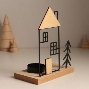 Подсвечник на 1 свечу «Ёлочка у домика», d=4 см, металл, дерево, 7.5x12x15.5 см