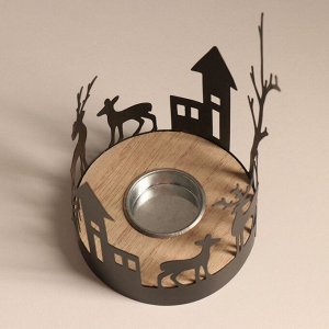 Подсвечник на 1 свечу «Домики и олени», d=4 см, металл, дерево, 10x10x13.8 см