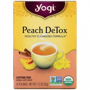 Yogi Tea, Peach DeTox, без кофеина, 16 чайных пакетиков, 1,12 унции (32 г)