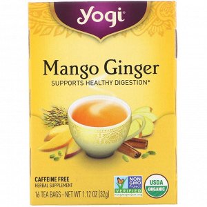 Yogi Tea, Органический манговый имбирь, без кофеина, 16 чайных пакетиков, 1,12 унции (32 г)