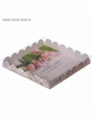 Коробка кондитерская 21 х21 х3 см с PVC крышкой Улыбнись миру 1/5