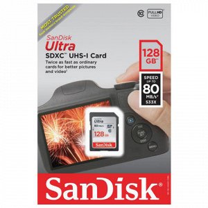 Карта памяти SDXC 128GB SANDISK Ultra, UHS-I U1, 80 Мб/сек (