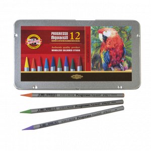 Карандаши акварельные набор 12 цветов, цельнографитовые  Progresso Aquarell, в металлическом пенале