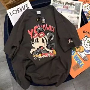 Свободная футболка из чистого хлопка с короткими рукавами с Микки, черная