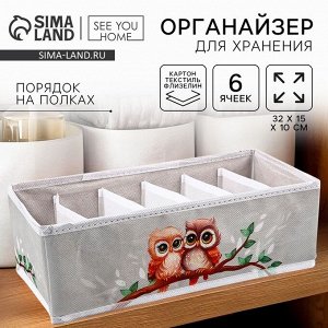 Органайзер для хранения, кофр для белья 6 ячеек «Совушки», 32x15x10 см