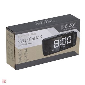 LADECOR CHRONO Будильник электронный, 14x5,7 см, USB/3xAAA, пластик, цвет черный, арт.2