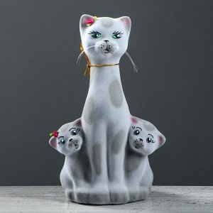 Копилка "Кошка с котятами" флок, серый леопард