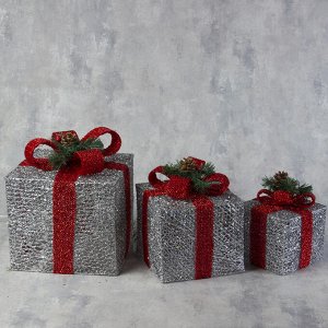 Светодиодная фигура «Подарки с красной лентой» 15, 20, 25 см, текстиль, металл, 220 В, свечение белое