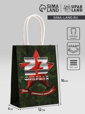 Пакет подарочный крафт "С 23 Февраля!" 12 х 6 х 16 См