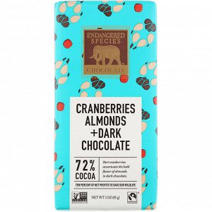 Endangered Species Chocolate, Клюква, миндаль и темный шоколад, 85 г (3 унции)