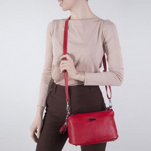 Сумка женская, 3 отдела на молниях, наружный карман, длинный ремень, цвет красный
