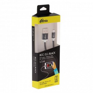 Кабель Ritmix RCC-311, microUSB - USB, тканевая оплетка, 1.5 м, черный