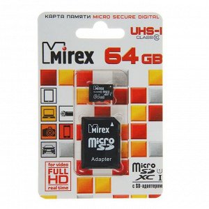 Карта памяти Mirex microSD, 64 Гб, SDXC, UHS-I, класс 10, с адаптером SD