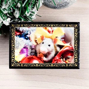 Шкатулка «Новогодняя мышка», 6-9-4 см, лаковая миниатюра