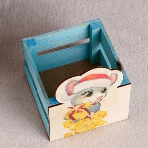 Ящик флористический реечный "Мышонок с сыром", голубой, 13-13-9 см, H = 15 см