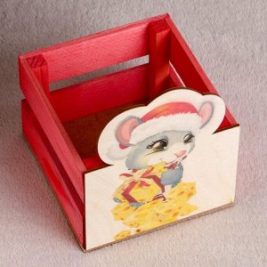 Ящик флористический реечный "Мышонок с сыром", красный, 13-13-9 см, H = 15 см