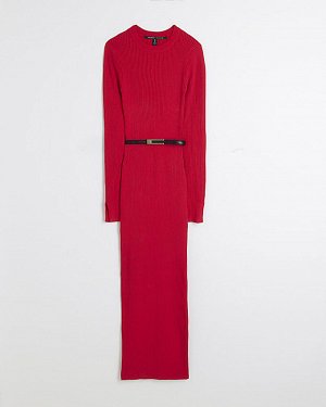 River Island Красное платье-джемпер миди с длинными рукавами и поясом
