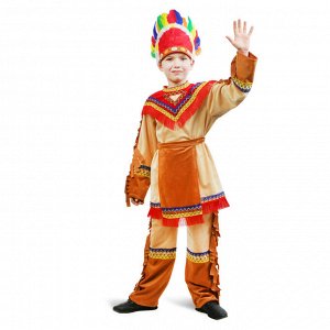 Карнавальный костюм "Индеец" для мальчика, куртка, брюки, фартук, головной убор, р. 30, рост 110-116 см
