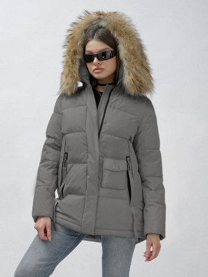 Куртка женская зимняя с мехом енот премиум класса серого цвета 3215Sr